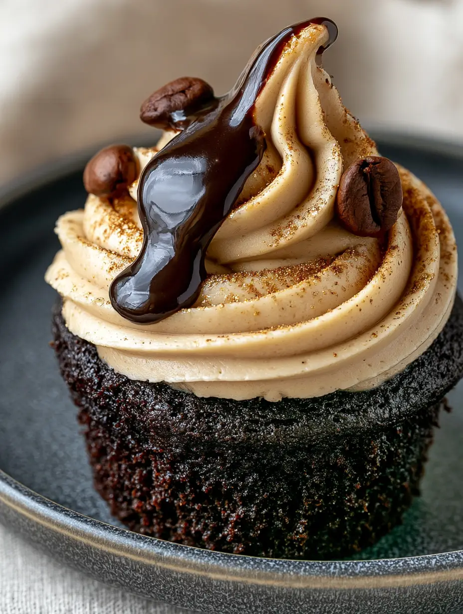 Kahlua and cream cupcakes With Espresso Ganache 3 Extreme macro close-up of a Kahlua and cream cupcake showing the porous dark chocolate espresso sponge and tan frosting edges.