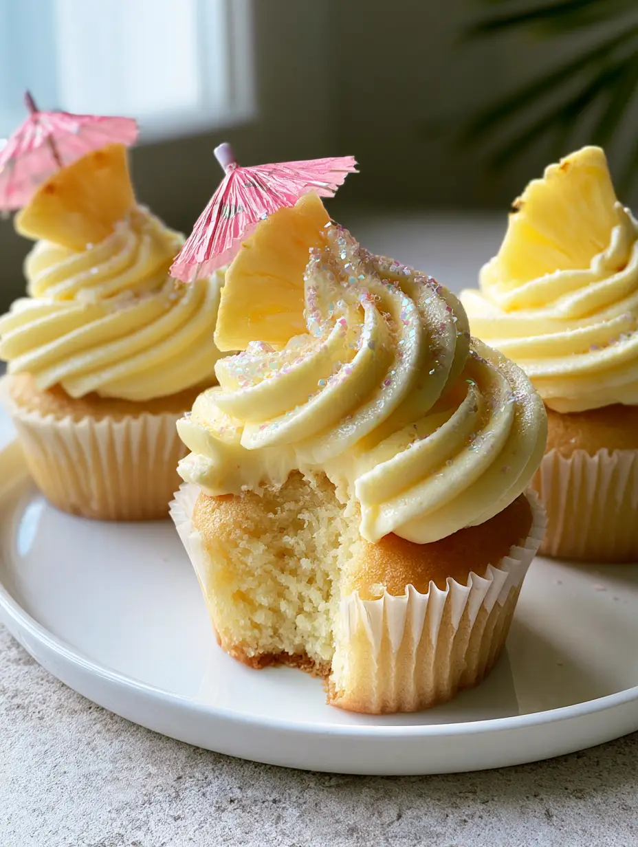 Dole Whip Cupcakes: The Ultimate Disney-Inspired Pineapple Dessert 4 Close up of three Dole Whip cupcakes in white pleated liners with pink umbrellas and iridescent sugar dusting.