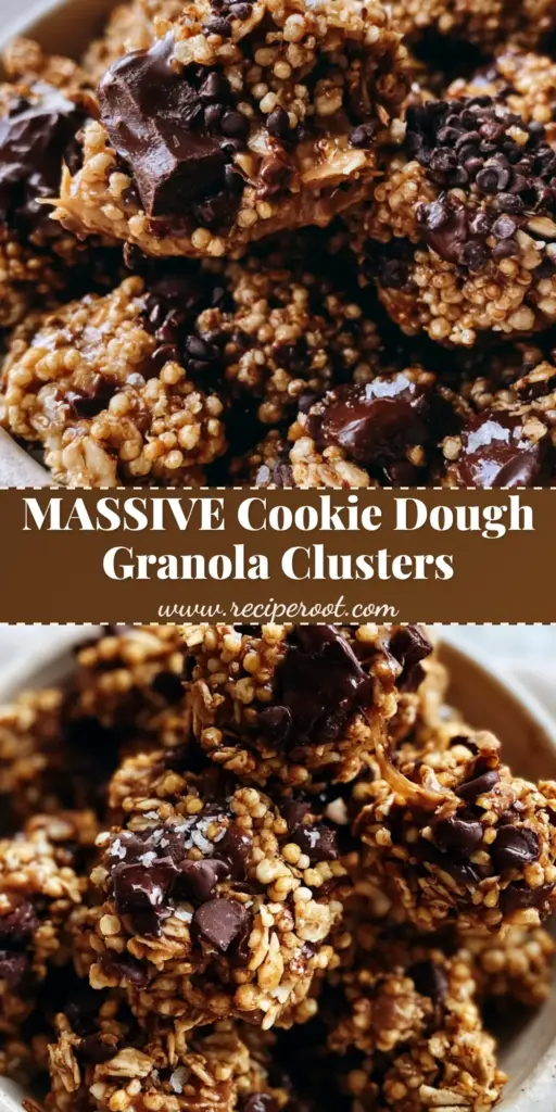 Cookie Dough Granola with Dark Chocolate Chunks and Almond Butter 4 A towering pile of oversized cookie dough granola clusters in a rustic bowl, showing melted chocolate and almond butter ribbons.