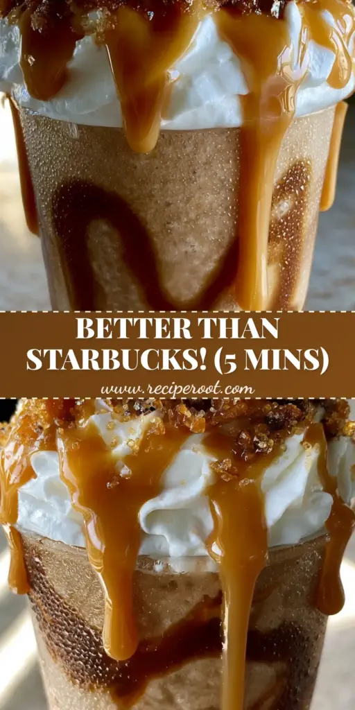 Caramel Ribbon Crunch Frappe Recipe: The Ultimate Blended Coffee Experience 4 A tall condensation-covered glass of Caramel Ribbon Crunch Frappe with thick dark caramel ribbons and a massive whipped cream top covered in honeycomb toffee.