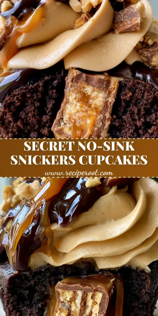 Snickers Stuffed Peanut Butter Cupcakes: The Ultimate Candy Bar Treat 4 A vertical cross-section of a Snickers stuffed peanut butter cupcake revealing the gooey caramel pull and chocolate cake interior.