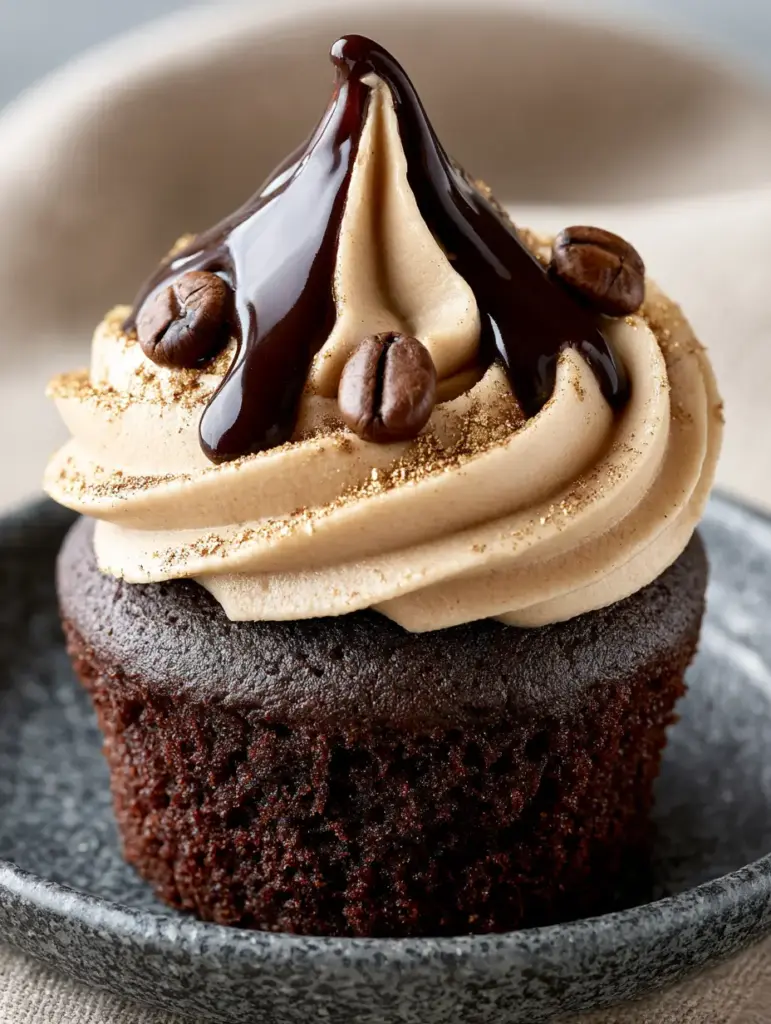 Kahlua and cream cupcakes With Espresso Ganache 1 A Kahlua and cream cupcake on a matte charcoal plate, highlighting the viscous ganache drip and gold-tinted cocoa powder.