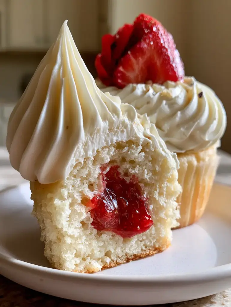 berries and cream cupcakes with Vanilla Bean and Fresh Strawberries 1 Eye-level macro shot of architectural whipped cream frosting with vanilla bean flecks and a fanned strawberry. (berries and cream cupcakes)