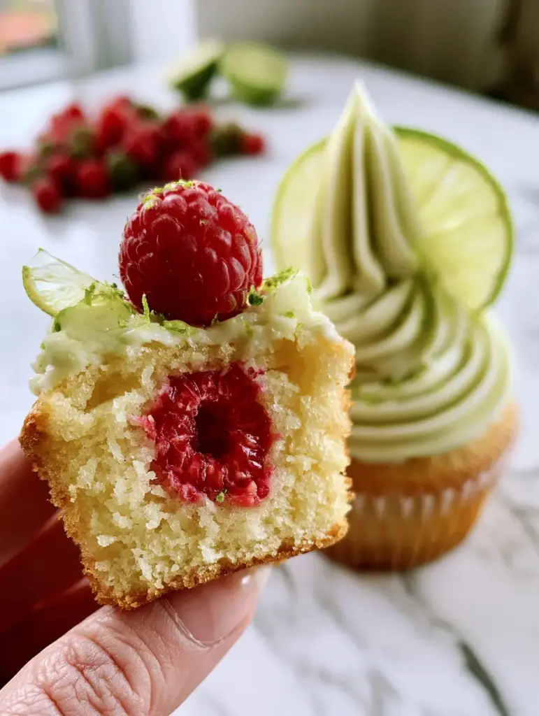 Raspberry Lime Cupcakes with a Fresh Raspberry Center 2 A bitten Raspberry Lime Cupcake showing the golden airy crumb and a whole red raspberry perfectly suspended in the center.