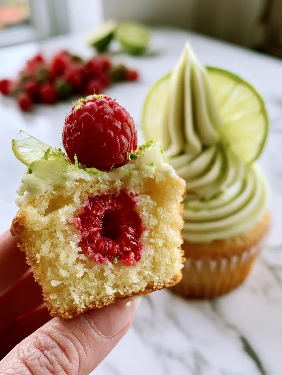 Raspberry Lime Cupcakes with a Fresh Raspberry Center 4 A bitten Raspberry Lime Cupcake showing the golden airy crumb and a whole red raspberry perfectly suspended in the center.