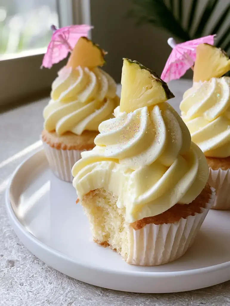 Dole Whip Cupcakes: The Ultimate Disney-Inspired Pineapple Dessert 1 A Dole Whip cupcake with a bite taken out revealing a moist and airy golden crumb inside.