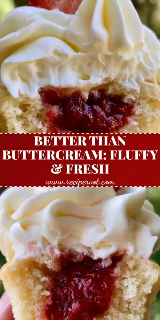 Strawberries and Cream Cupcakes With Ruby Red Strawberry Filling 4 A vertical Pin showing a halved vanilla cupcake with chunky ruby red strawberry filling and a massive billowy swirl of stabilized whipped cream. (strawberries and cream cupcakes)