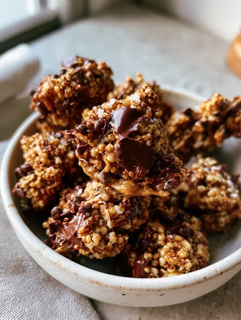 Extreme macro shot of cookie dough granola clusters featuring toasted oats, dark chocolate chunks, and vanilla bean specks.