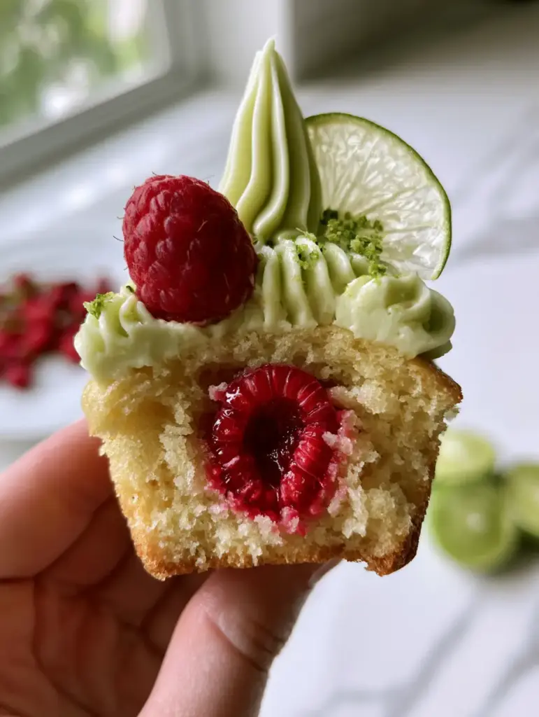 Raspberry Lime Cupcakes with a Fresh Raspberry Center 1 Close up of Raspberry Lime Cupcakes with stiff lime-infused buttercream and micro-planed lime zest in natural morning light.