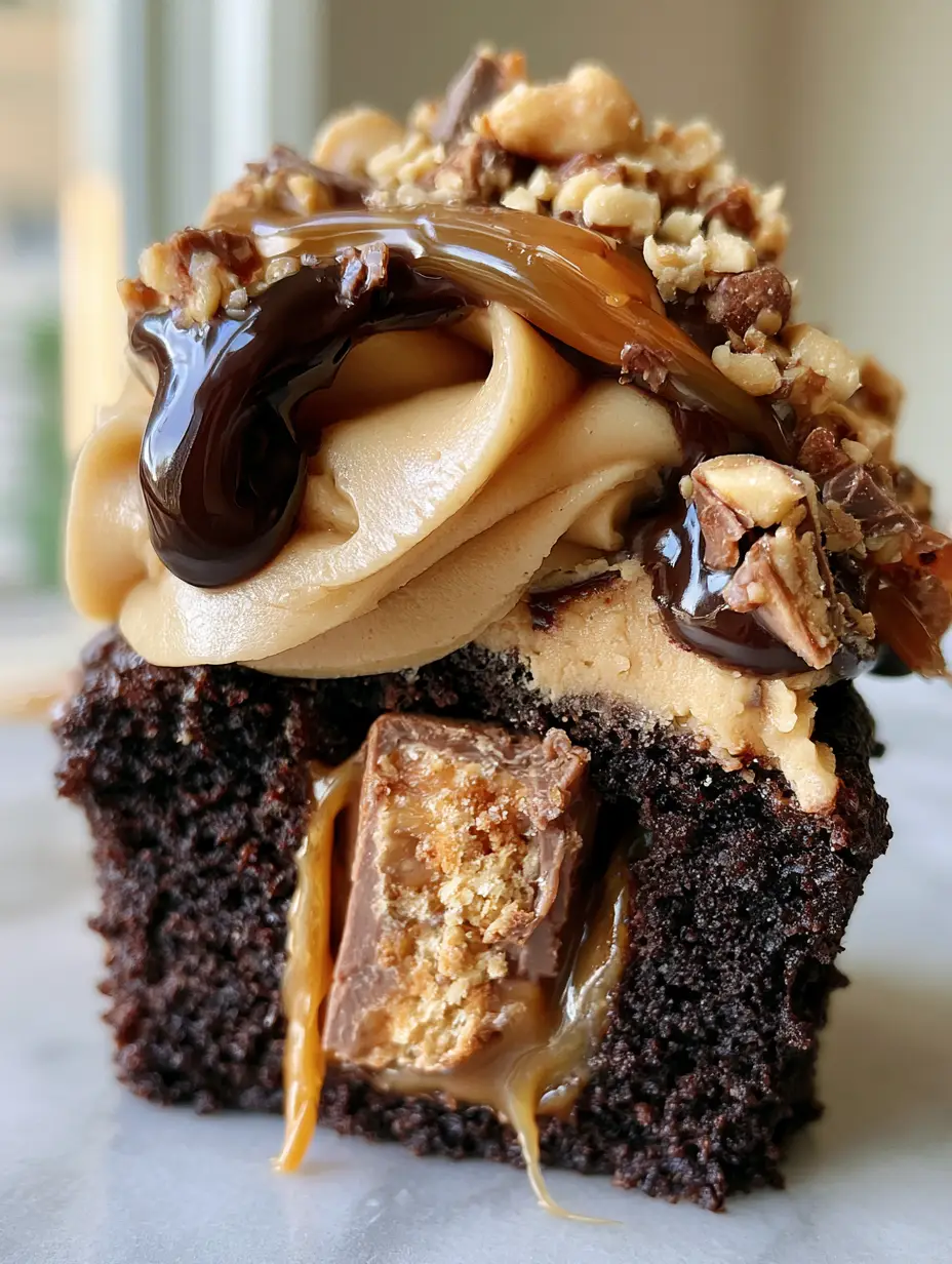 Snickers Stuffed Peanut Butter Cupcakes: The Ultimate Candy Bar Treat 3 Close up photo of a Snickers stuffed peanut butter cupcake with a tall swirl of peanut butter frosting and chocolate drizzle.