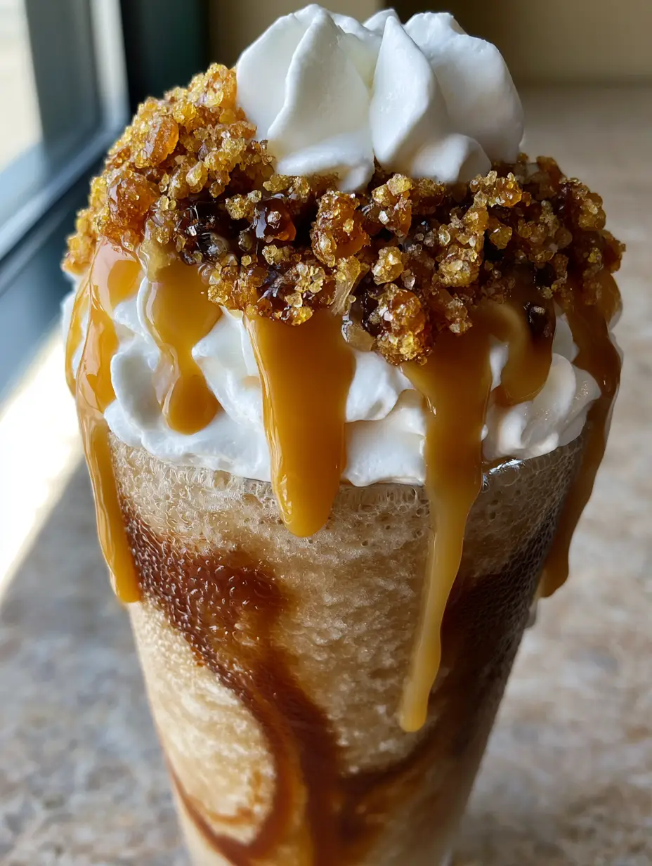 Caramel Ribbon Crunch Frappe Recipe: The Ultimate Blended Coffee Experience 3 Close up shot of the tan icy coffee slushy base and dark amber caramel ribbons inside a condensation-covered glass for a caramel ribbon crunch frappe.