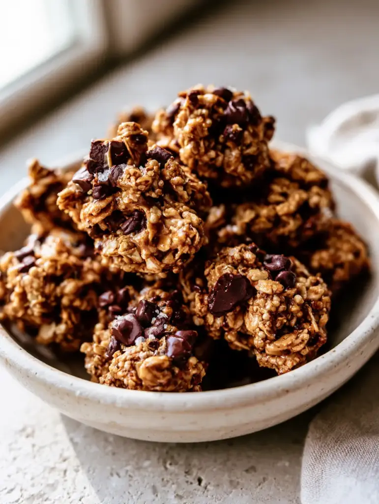 Cookie Dough Granola with Dark Chocolate Chunks and Almond Butter 1 A single cluster of cookie dough granola being lifted, showing a slight pull of creamy almond butter and puffed quinoa texture.