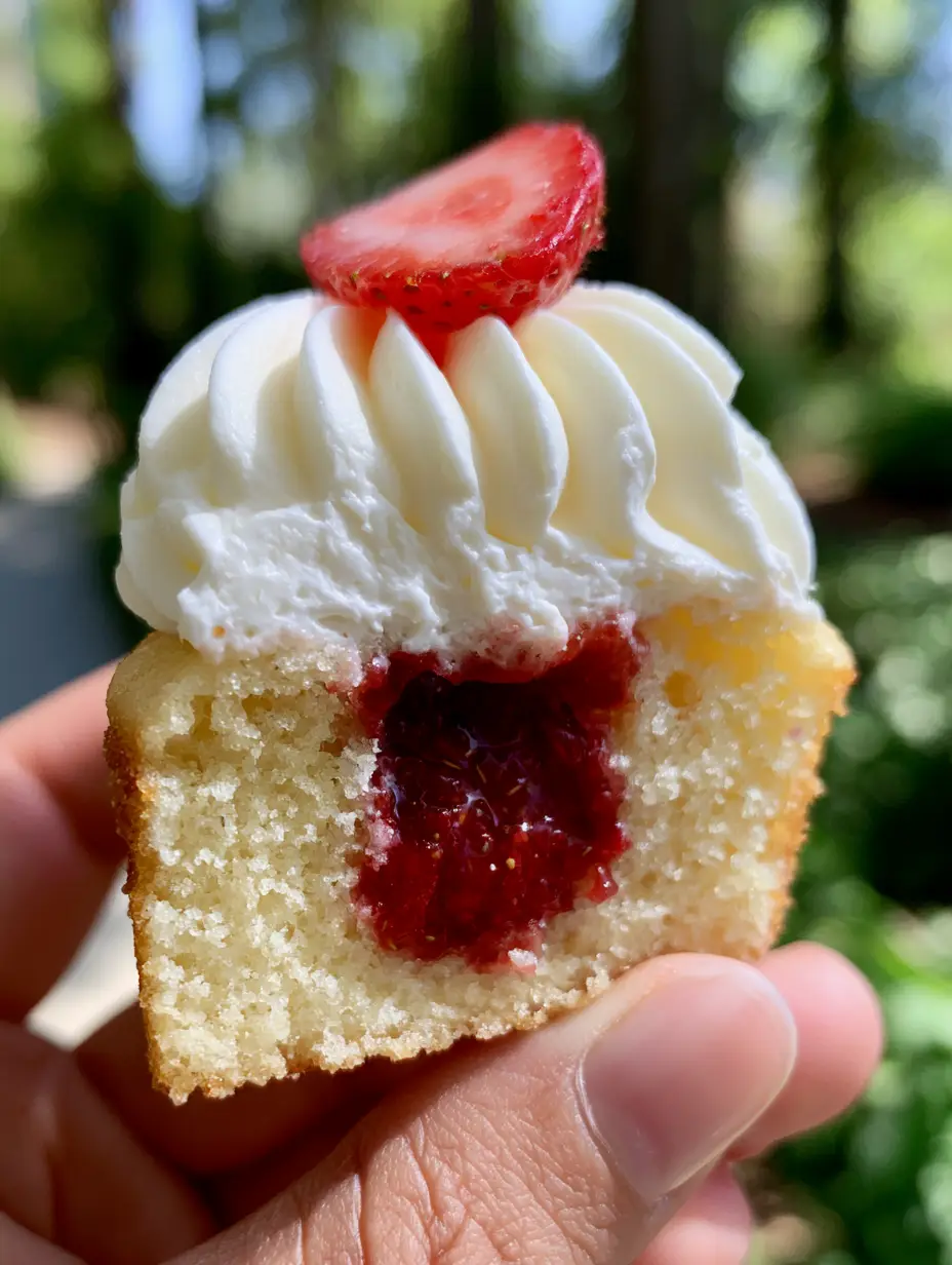 Strawberries and Cream Cupcakes With Ruby Red Strawberry Filling 3 Extreme close-up of a halved vanilla cupcake held in a hand, showing the deep ruby-red chunky strawberry compote center and airy whipped cream. (strawberries and cream cupcakes)