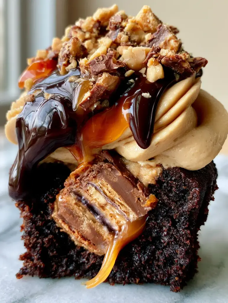 Snickers Stuffed Peanut Butter Cupcakes: The Ultimate Candy Bar Treat 1 Snickers stuffed peanut butter cupcakes being garnished with roasted salted peanuts and chopped Snickers bars.