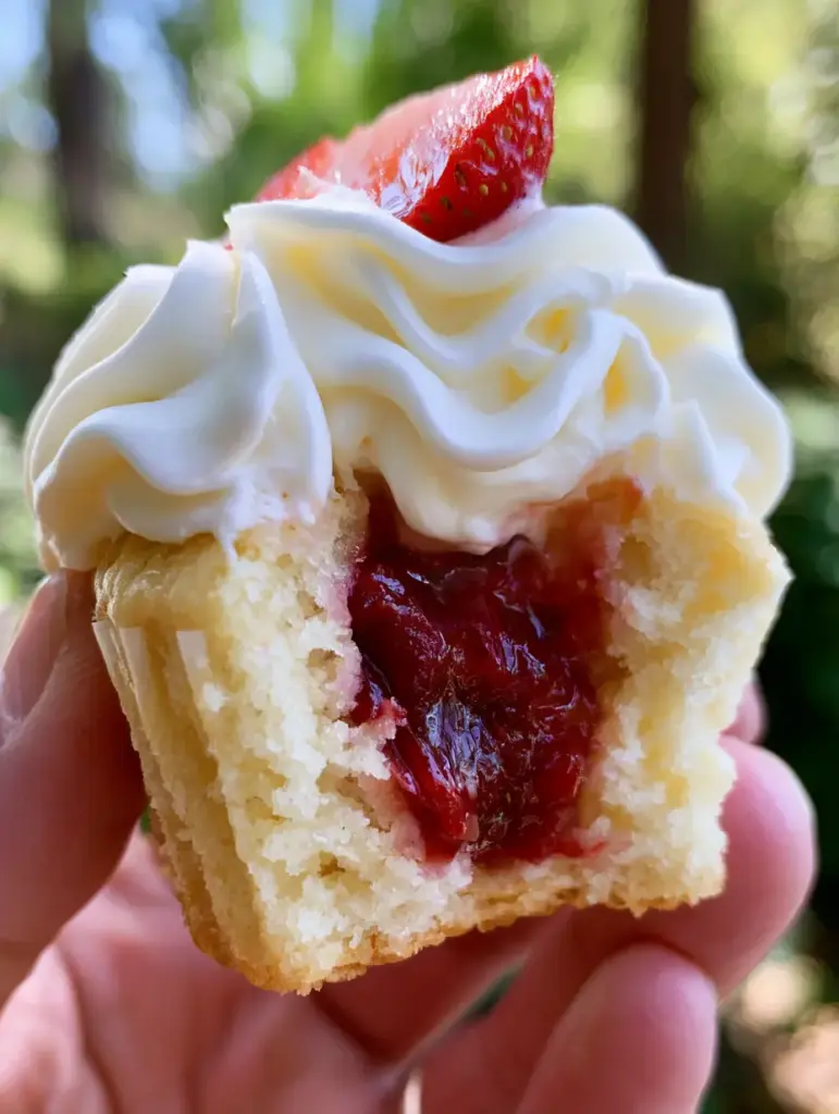 Strawberries and Cream Cupcakes With Ruby Red Strawberry Filling 1 A close-up of a single strawberries and cream cupcake with a massive swirl of matte-finish whipped cream and a glistening strawberry slice on top.
