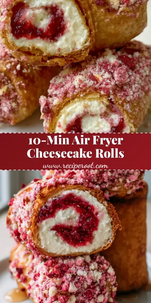 Strawberry shortcake cheesecake rolls (Air Fried & Extra Crunchy) 4 A stack of air-fried Strawberry shortcake cheesecake rolls encrusted with pink strawberry crunch topping on a white plate.