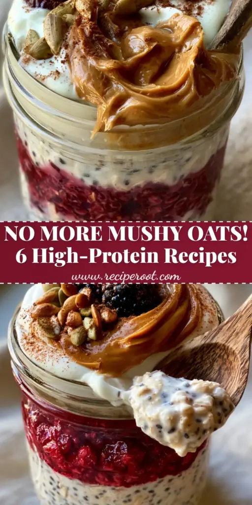 Overnight Oats Recipes: Ultra-Creamy Raspberry Almond Butter Jars 4 A vertical high-resolution photo of a premium glass mason jar featuring layered overnight oats recipes with raspberries and almond butter.