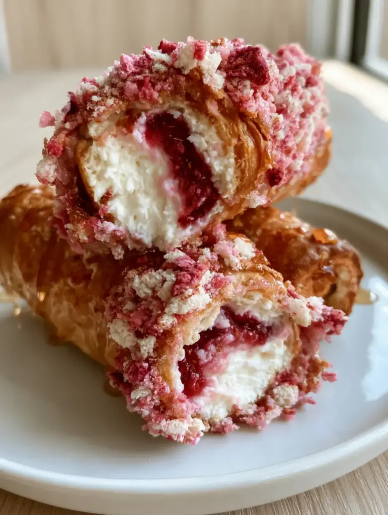 Strawberry shortcake cheesecake rolls (Air Fried & Extra Crunchy) 2 Close-up of golden-brown Strawberry shortcake cheesecake rolls showing the vibrant red strawberry jam swirl inside.