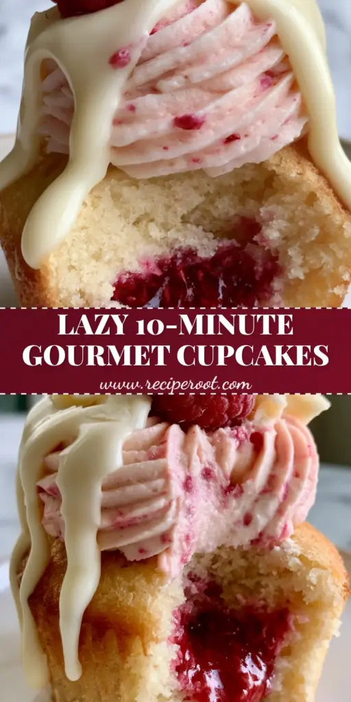 Raspberry White Chocolate Cupcakes with a Molten Jam Center 4 A close-up of raspberry white chocolate cupcakes with pink frosting, white ganache drips, and a fresh raspberry on top.