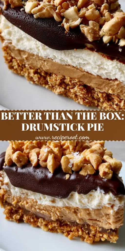 Drumstick Pie Recipe: The Ultimate No-Bake Peanut Butter & Chocolate Frozen Treat 4 A thick slice of frozen pie with a crushed waffle cone crust, peanut butter filling, vanilla cream, and dark chocolate ganache topped with peanuts. (Drumstick pie recipe)