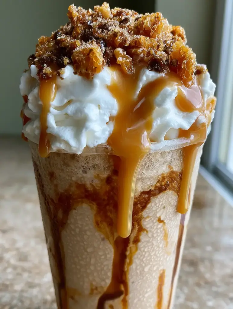 Caramel Ribbon Crunch Frappe Recipe: The Ultimate Blended Coffee Experience 1 Top view of stiff white whipped cream topped with glossy salted caramel drizzle, honeycomb toffee, and dark caramel sugar crystals for a caramel ribbon crunch frappe.