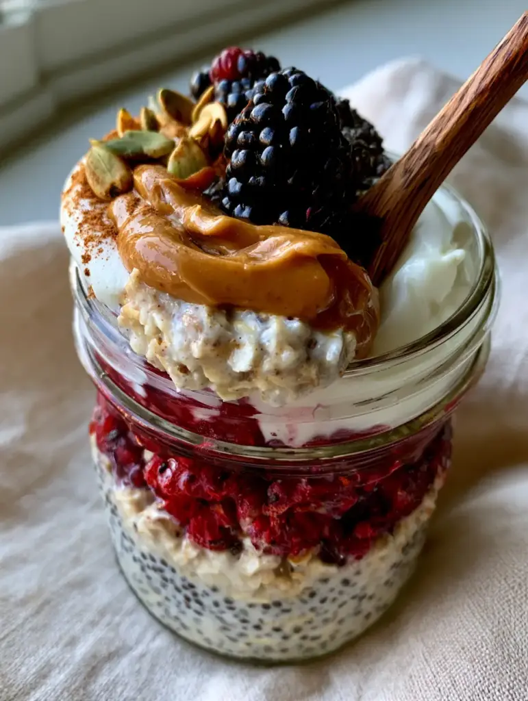 Close up of thick rolled oats and chia seeds in a vanilla bean base for overnight oats recipes.