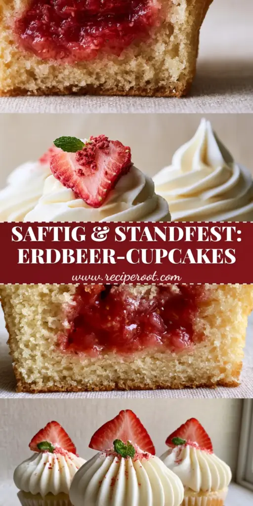 Erdbeer-Cupcakes: The Ultimate Recipe for Moist Vanilla Cake & Fresh Strawberry Filling 4 A professional Pinterest pin for erdbeer-cupcakes featuring a tall cream cheese frosting swirl, fresh fanned strawberries, and a ruby-red fruit filling.