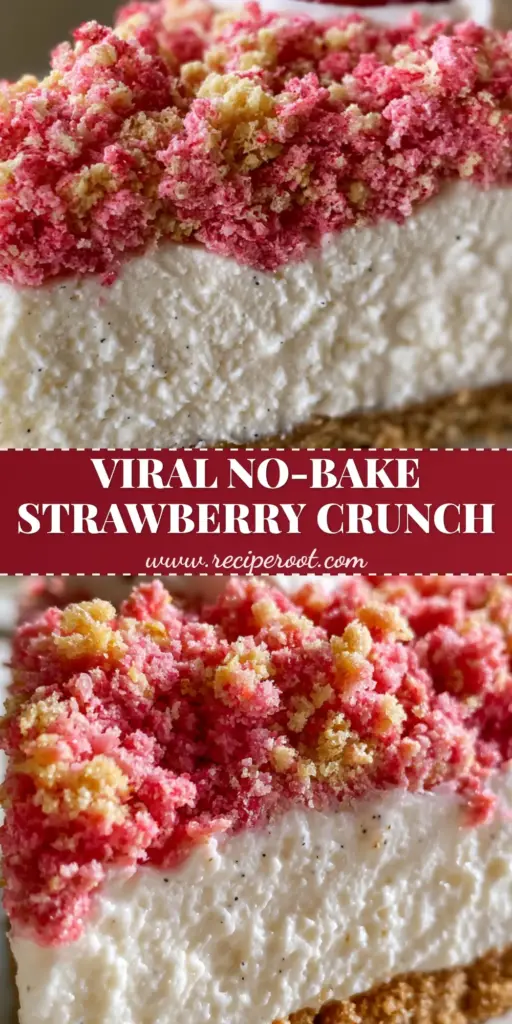 A tall slice of no-bake cheesecake featuring a golden graham cracker crust, thick white filling, and vibrant pink and golden strawberry crunch crumbles. (Strawberry Crunch Cheesecake Recipe)
