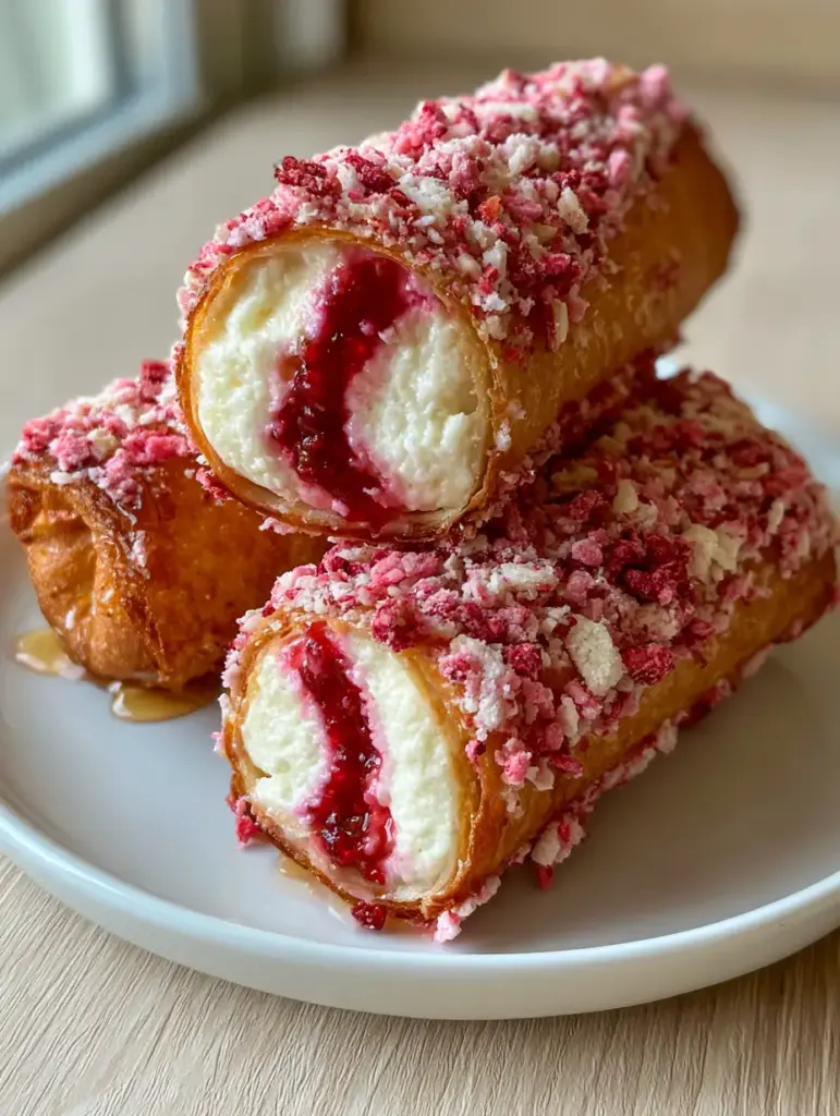 Strawberry shortcake cheesecake rolls (Air Fried & Extra Crunchy) 1 Three crispy Strawberry shortcake cheesecake rolls stacked on a plate with honey glaze glistening.
