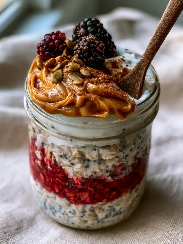 Overnight Oats Recipes: Ultra-Creamy Raspberry Almond Butter Jars 1 A rustic wooden spoon lifting a scoop of thick overnight oats recipes showing the raspberry layer.