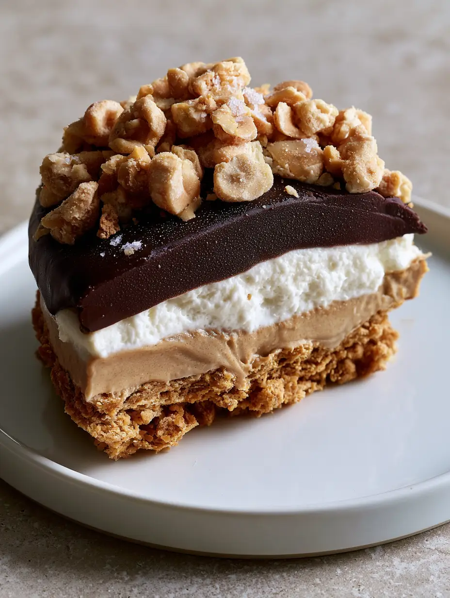 Drumstick Pie Recipe: The Ultimate No-Bake Peanut Butter & Chocolate Frozen Treat 3 Close-up of a frozen Drumstick pie slice showing distinct layers of waffle crust, peanut butter mousse, and vanilla cream. (Drumstick pie recipe)
