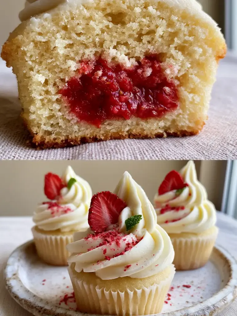 Erdbeer-Cupcakes: The Ultimate Recipe for Moist Vanilla Cake & Fresh Strawberry Filling 2 Extreme macro close-up of erdbeer-cupcakes sliced in half showing a porous golden crumb and a vibrant ruby-red compote center.