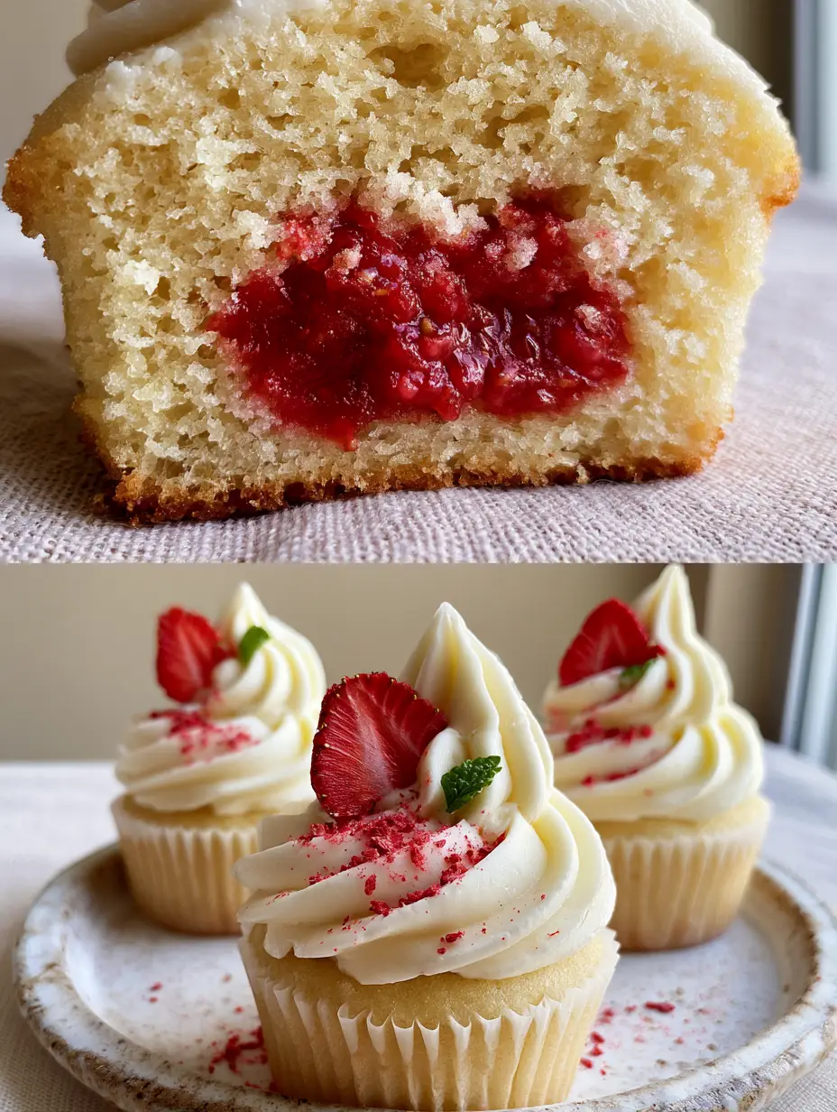 Erdbeer-Cupcakes: The Ultimate Recipe for Moist Vanilla Cake & Fresh Strawberry Filling 3 Extreme macro close-up of erdbeer-cupcakes sliced in half showing a porous golden crumb and a vibrant ruby-red compote center.