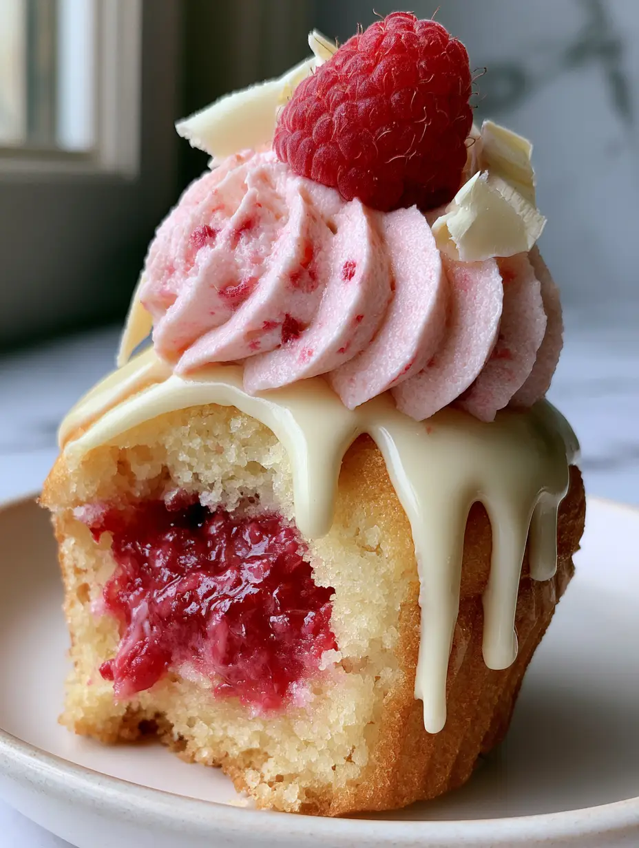 Raspberry White Chocolate Cupcakes with a Molten Jam Center 3 Macro shot of a raspberry white chocolate cupcake torn open to reveal a vibrant crimson jam center.