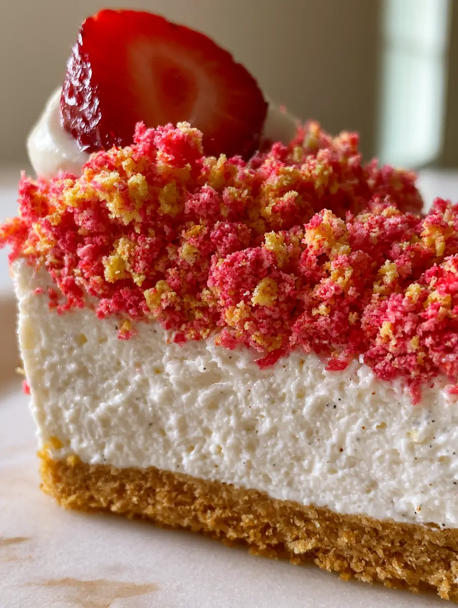 Extreme macro close-up of the textured strawberry crunch topping and vanilla bean specks in the cheesecake filling. (Strawberry Crunch Cheesecake Recipe)