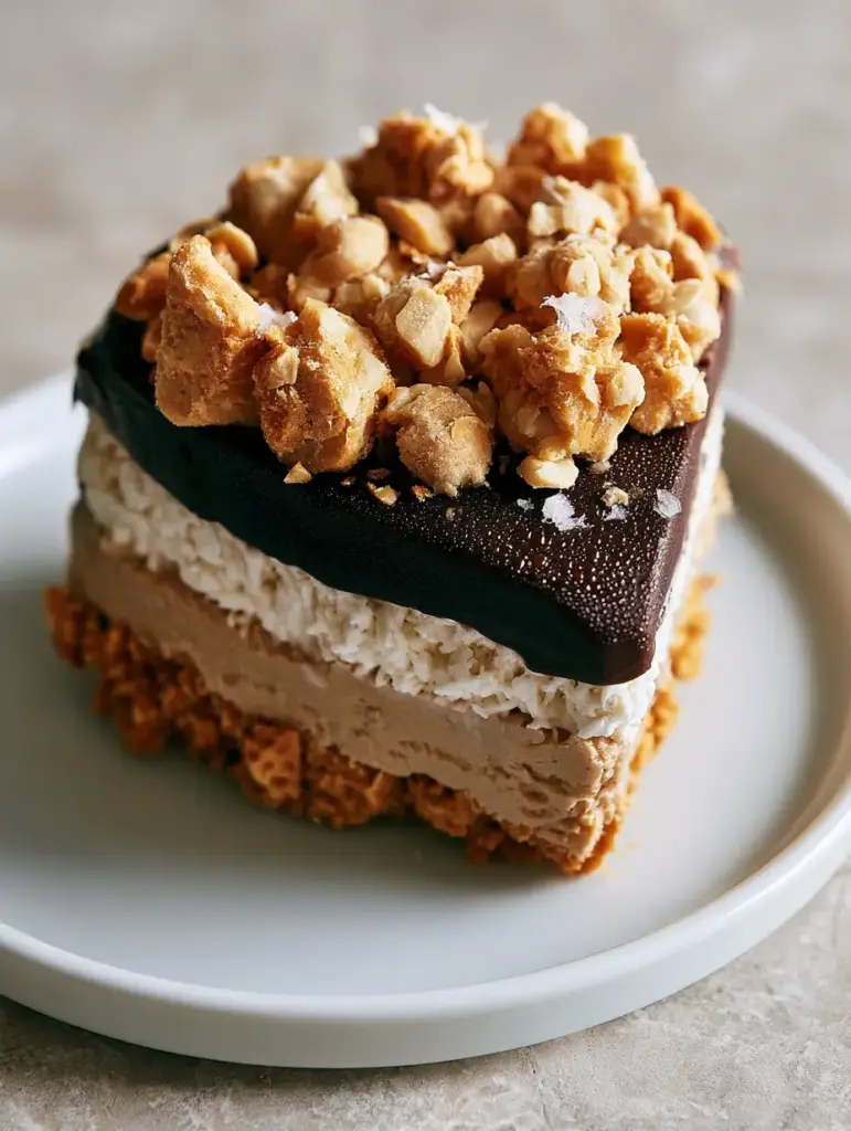 Drumstick Pie Recipe: The Ultimate No-Bake Peanut Butter & Chocolate Frozen Treat 1 Top view of a dark chocolate ganache shell covered in toasted salted peanuts and sea salt. (Drumstick pie recipe)