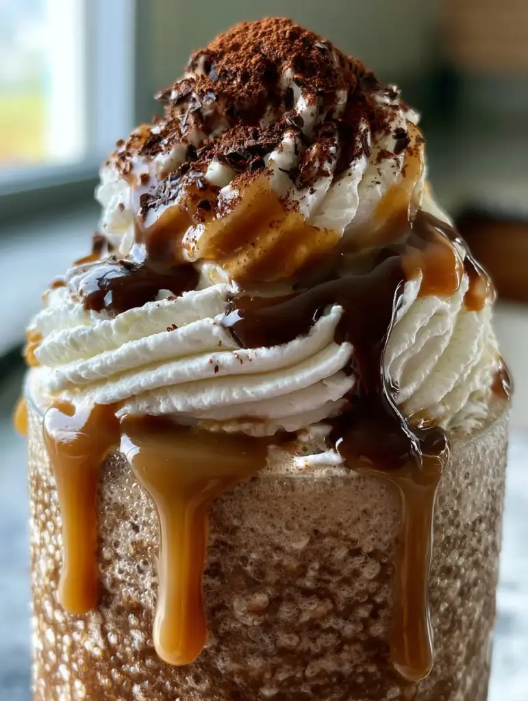 Frappe Recipe: The Ultimate Velvety Homemade Coffee House Experience 1 Close-up of thick whipped cream peaks with deep ridges, gold caramel drizzle, and chocolate curls on a coffee frappe.