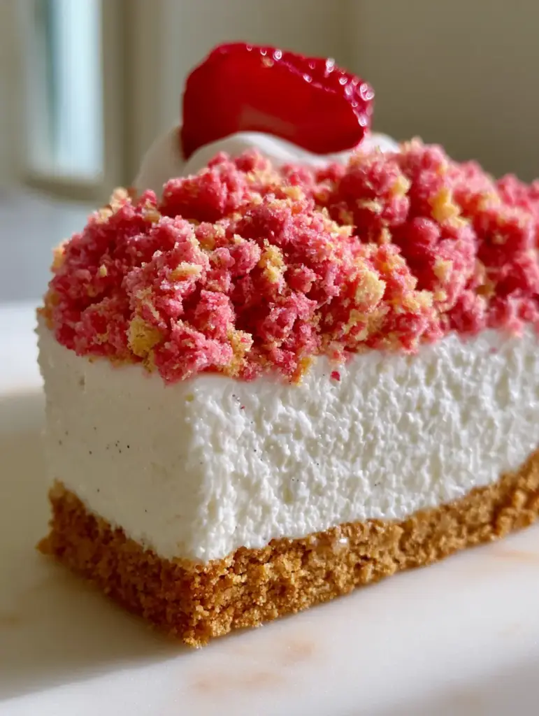 Side view of a Strawberry Crunch Cheesecake slice showing the thick buttery crust and smooth white filling.