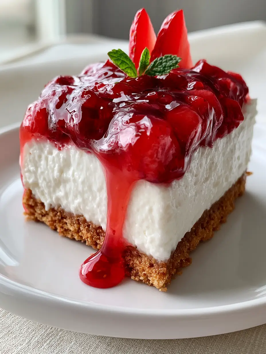 Strawberry Cheesecake Recipe: The Ultimate No-Bake Glossy Berry Delight 4 Close up handheld photo of a strawberry cheesecake slice with a heavy syrup drip and micro mint garnish. (strawberry cheesecake)