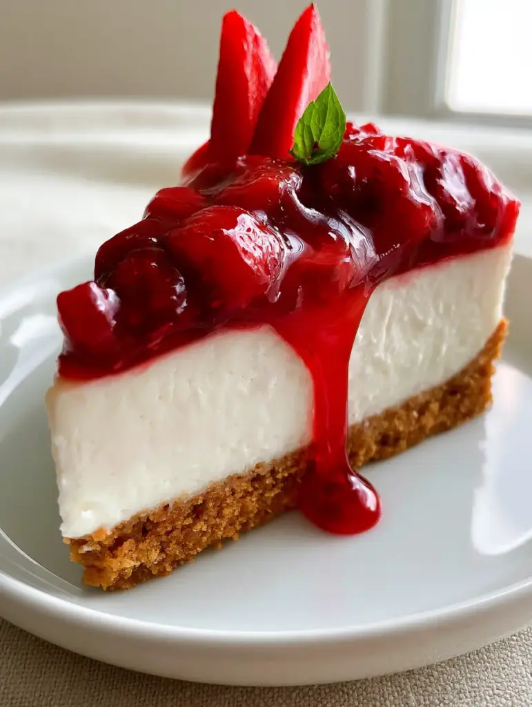 Strawberry Cheesecake Recipe: The Ultimate No-Bake Glossy Berry Delight 1 A thick slice of strawberry cheesecake showcasing the compressed golden graham cracker crust and matte white filling.