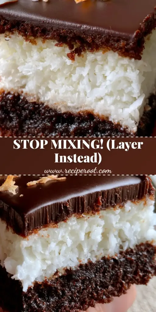 A close-up vertical shot of a thick Mounds brownie showing the dense chocolate base and 1-inch coconut layer. (Mounds brownies)