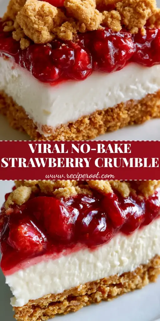 Strawberry Crumble Cheesecake: The Ultimate No-Bake Summer Dessert 3 A close-up vertical slice of Strawberry Crumble Cheesecake showing the thick graham cracker crust, white cream cheese layer, and glossy red strawberry compote topped with chunky golden crumbles.