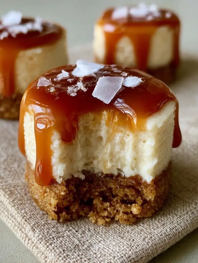 Mini Caramel Cheesecakes with Glossy Salted Topping 2 A handheld photo of mini caramel cheesecakes showing the thick buttery graham cracker crust and smooth ivory filling. (mini caramel cheesecakes)