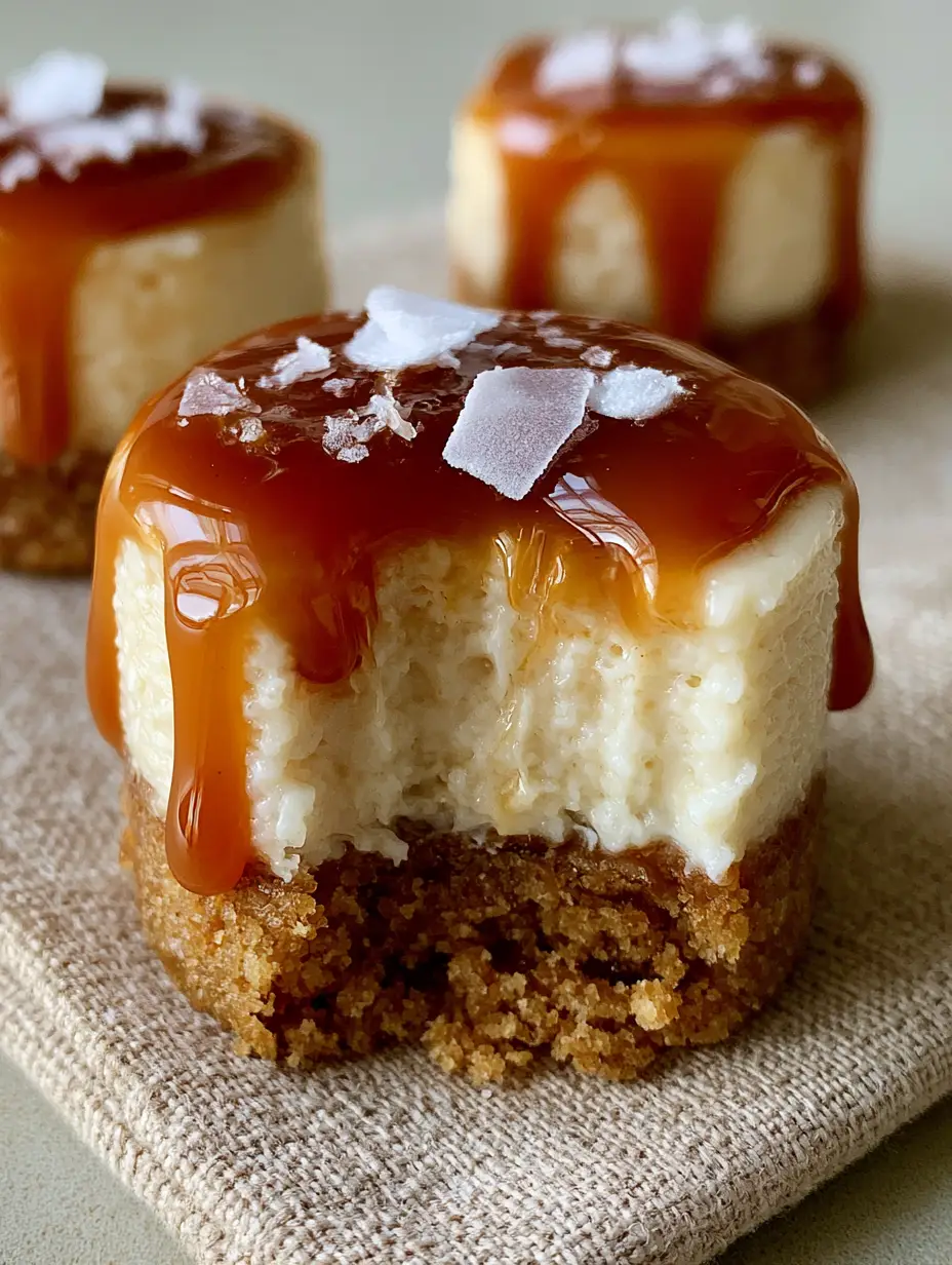 Mini Caramel Cheesecakes with Glossy Salted Topping 3 A handheld photo of mini caramel cheesecakes showing the thick buttery graham cracker crust and smooth ivory filling. (mini caramel cheesecakes)