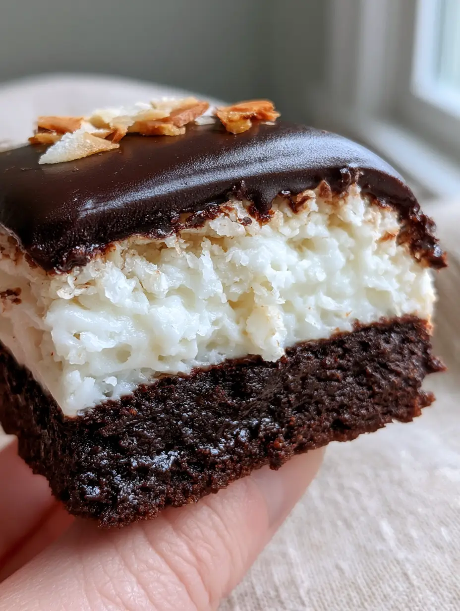 Handheld photo of a thick Mounds brownie with a glossy ganache and snowy coconut filling. (Mounds brownies)