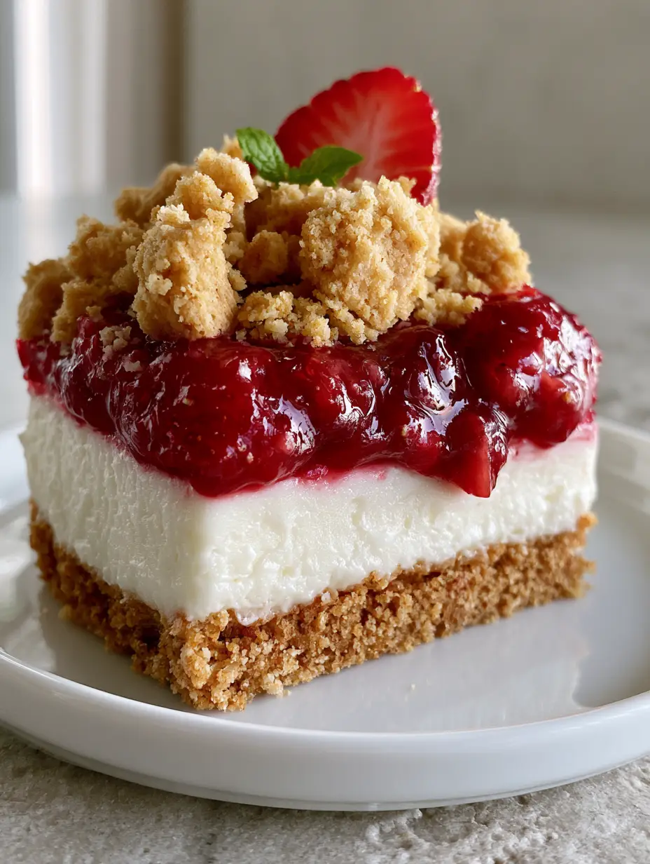 Strawberry Crumble Cheesecake: The Ultimate No-Bake Summer Dessert 4 Detailed cross-section of a Strawberry Crumble Cheesecake on a white plate with visible fruit chunks and toasted streusel.