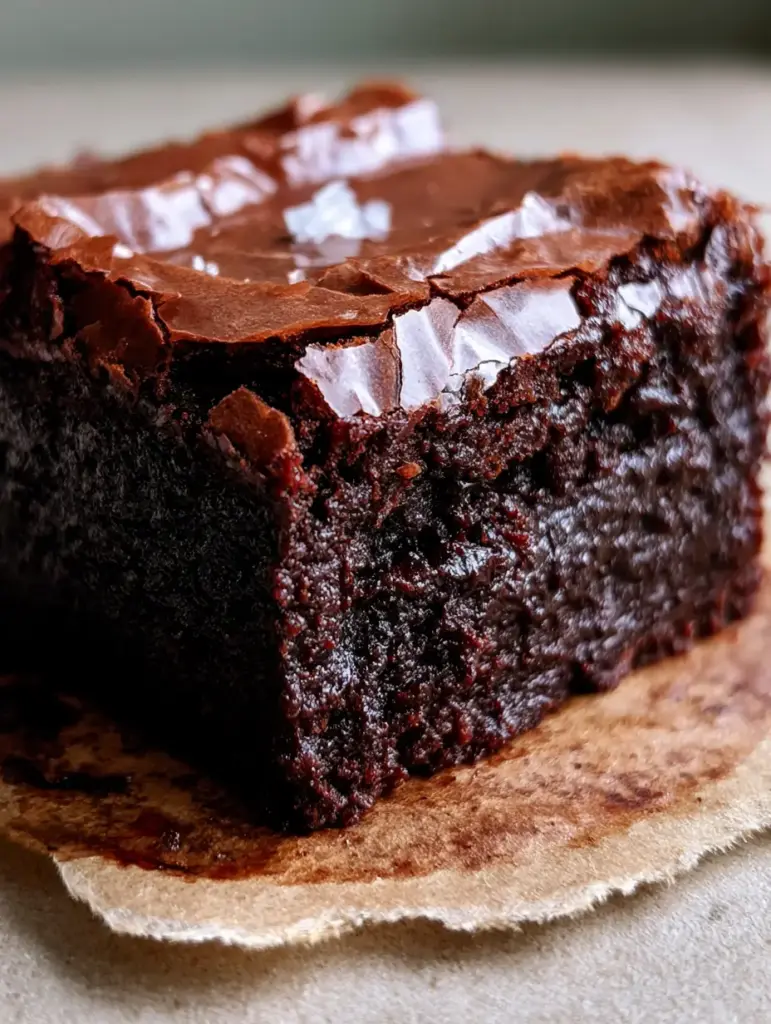 Brownies with a Paper-Thin Shiny Crinkle Crust and Fudgy Center 2 Extreme close-up of a brownie showing microscopic cracks in the shiny chocolate crust. (Brownies)