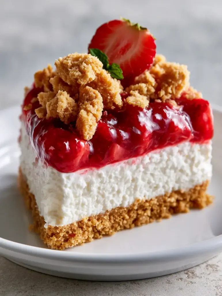 Strawberry Crumble Cheesecake: The Ultimate No-Bake Summer Dessert 1 A smartphone-style realistic photo of a no-bake strawberry crumble cheesecake highlighting textures of the golden-brown crust and fresh mint garnish.