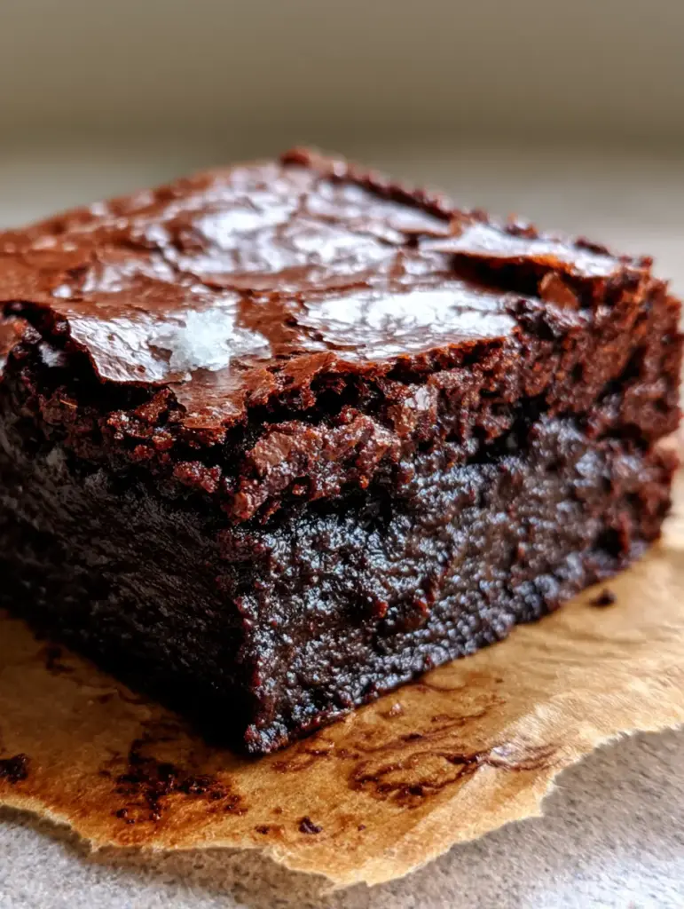 Brownies with a Paper-Thin Shiny Crinkle Crust and Fudgy Center 1 Side view of a thick brownie square revealing a dense, moist cocoa center on brown parchment. (Brownies)