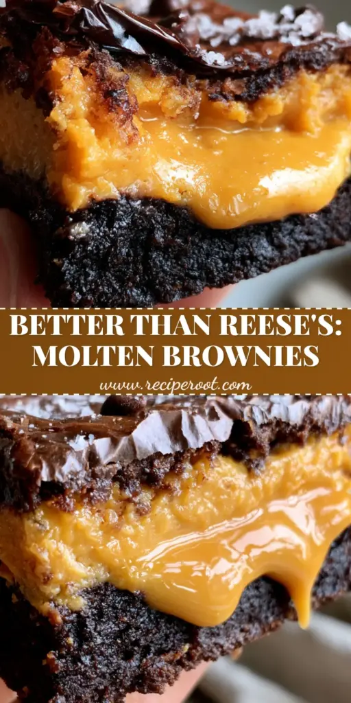 Peanut Butter Stuffed Brownies: The Ultimate Fudgy Molten Recipe 4 A handheld close-up of a thick peanut butter stuffed brownie cross-section showing a molten creamy center, crinkled top, and flaky sea salt.